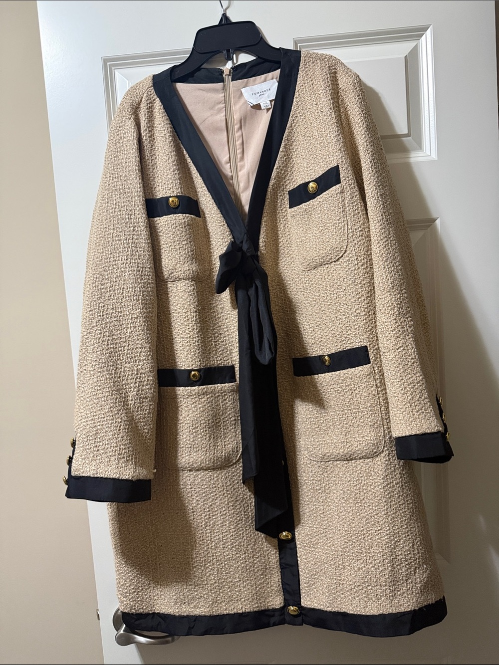 Pomander Place Beige Bouclé Coat with Black Trim and Tie